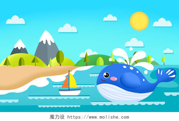 蓝色卡通手绘海边鲸鱼小船原创插画海报